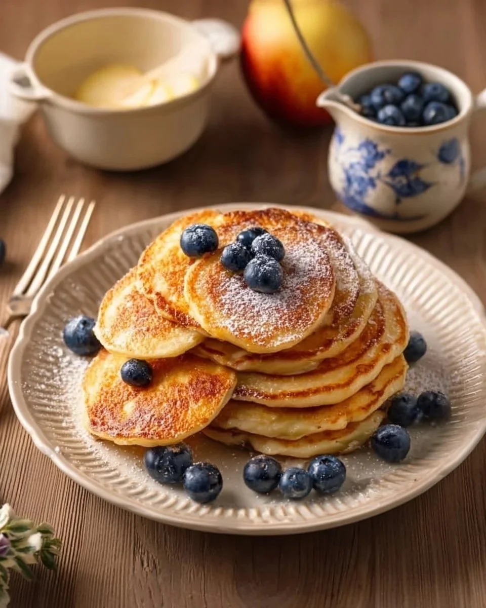 Pancake con mele grattugiate serviti con sciroppo d'acero.