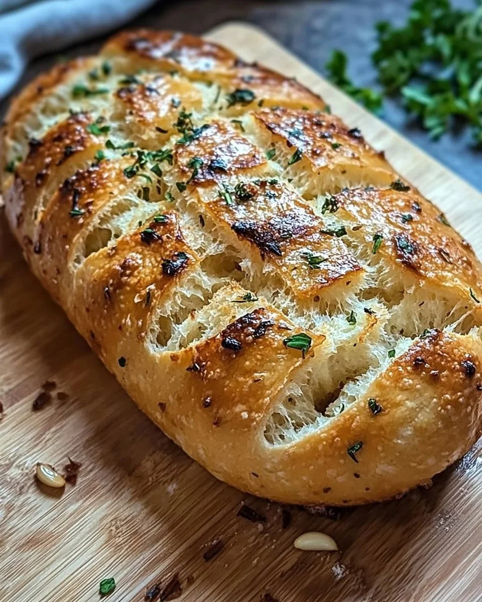Fetta di pane all'aglio fumante servita su un piatto elegante.