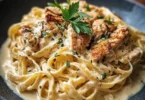 Pasta Alfredo con pollo cremoso servita in un piatto elegante.