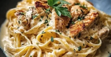 Pasta Alfredo con pollo cremoso servita in un piatto elegante.