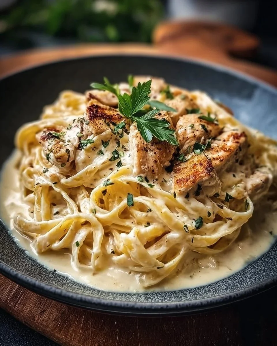 Pasta Alfredo con pollo cremoso servita in un piatto elegante.
