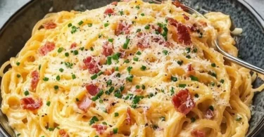 Pasta all'uovo con pancetta e parmigiano servita in un piatto delizioso