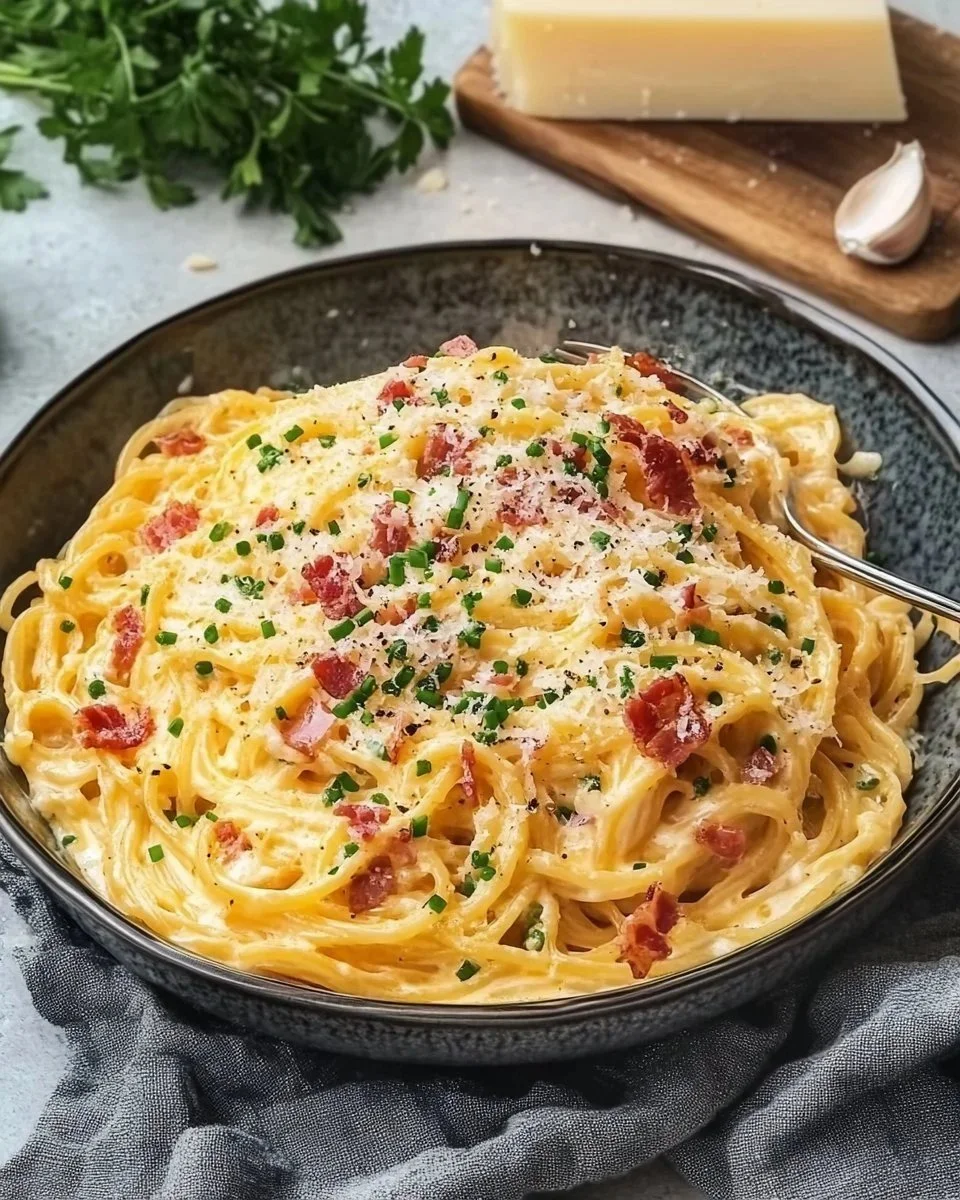 Pasta all'uovo con pancetta e parmigiano servita in un piatto delizioso