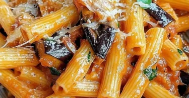 Pasta con Melanzane Fritte e Provola Affumicata, un piatto italiano succulento.