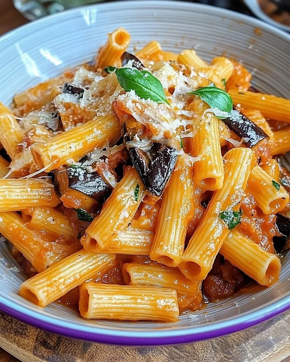 Pasta con Melanzane Fritte e Provola Affumicata, un piatto italiano succulento.