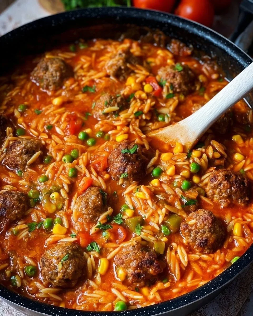 Pasta Orzo con Polpette servita in un piatto elegante
