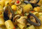 Pasta patate con cozze e zafferano, un piatto tradizionale italiano
