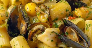 Pasta patate con cozze e zafferano, un piatto tradizionale italiano