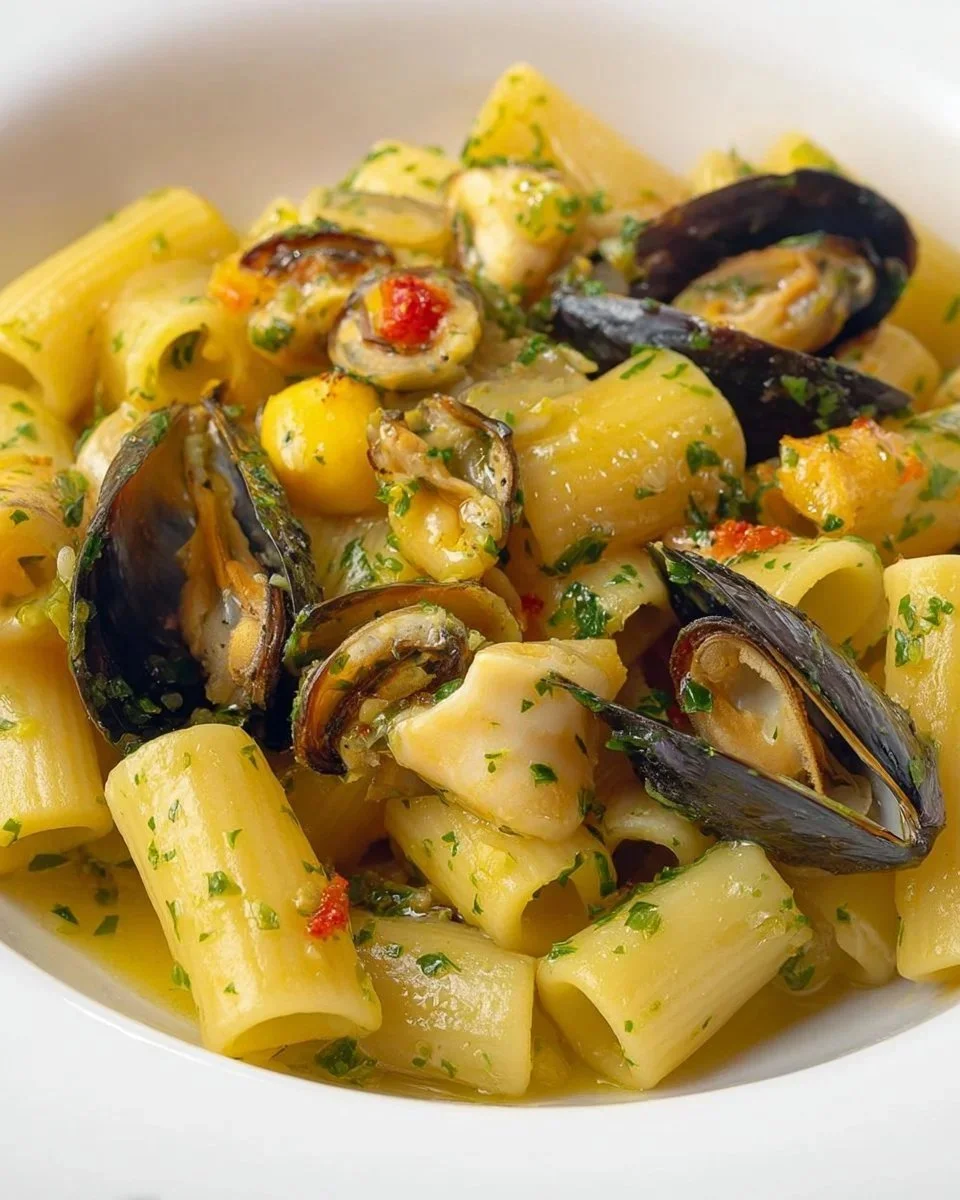Pasta patate con cozze e zafferano, un piatto tradizionale italiano