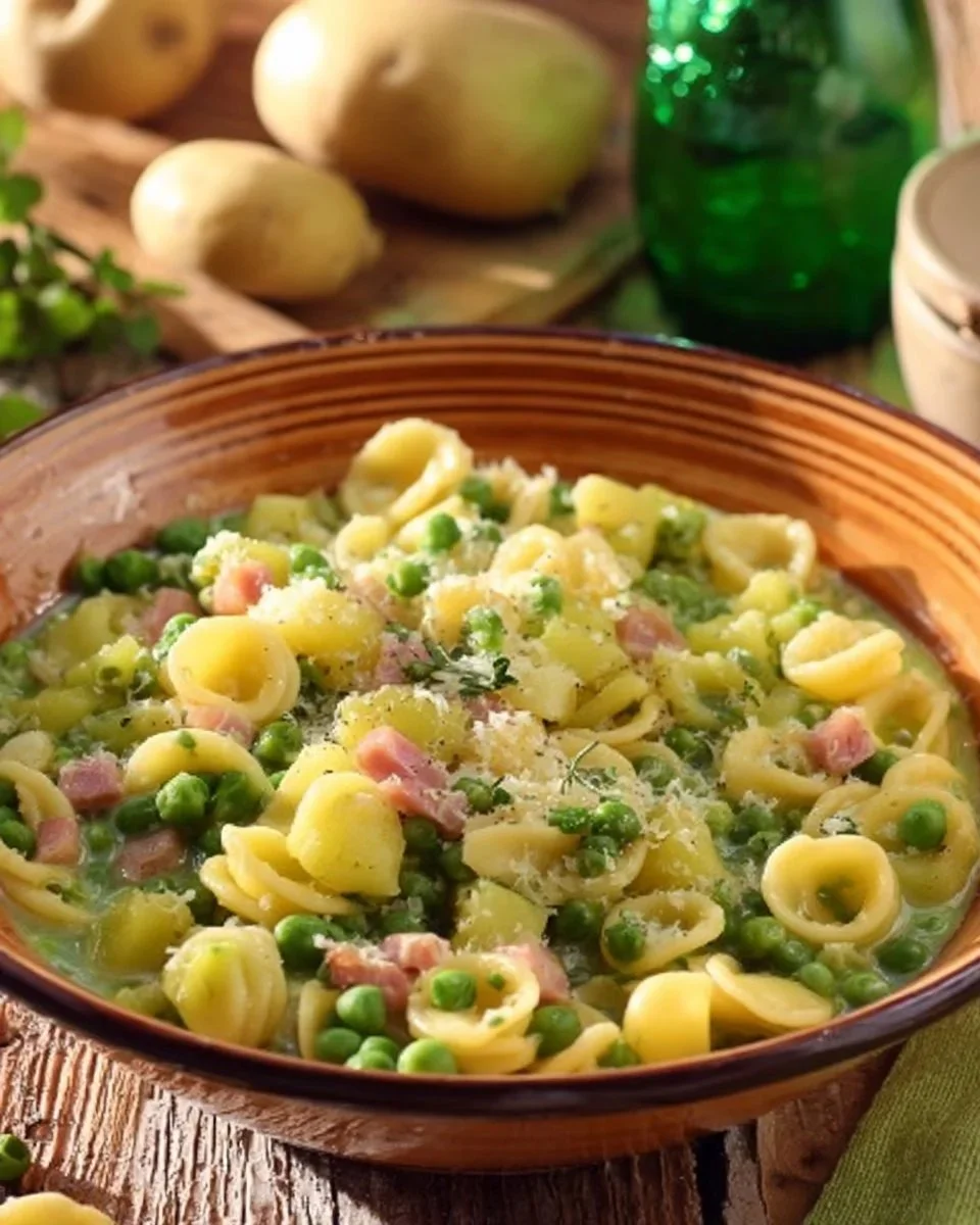 Pasta piselli e patate servita in un piatto colorato con ingredienti freschi.