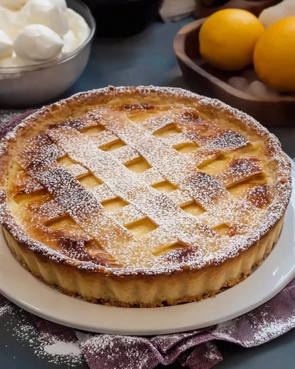 Fetta di Pastiera Napoletana decorata su piatto bianco