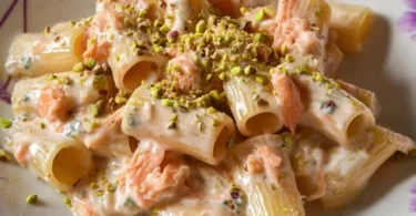 Pasta pennoni rigati con gorgonzola, salmone affumicato e pistacchi