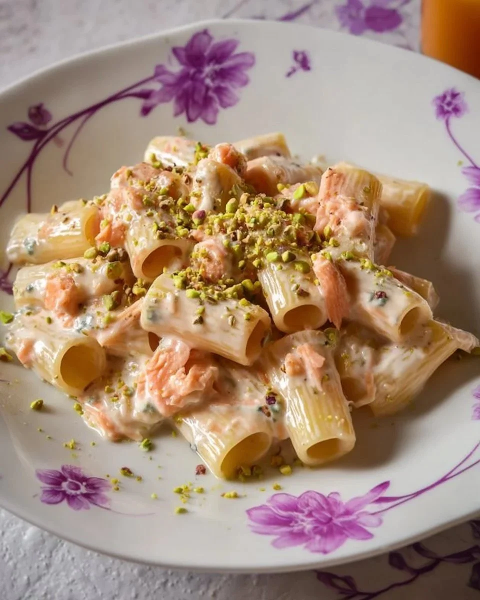 Pasta pennoni rigati con gorgonzola, salmone affumicato e pistacchi