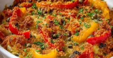 Peperoni Gratinati serviti su un piatto bianco con contorni freschi