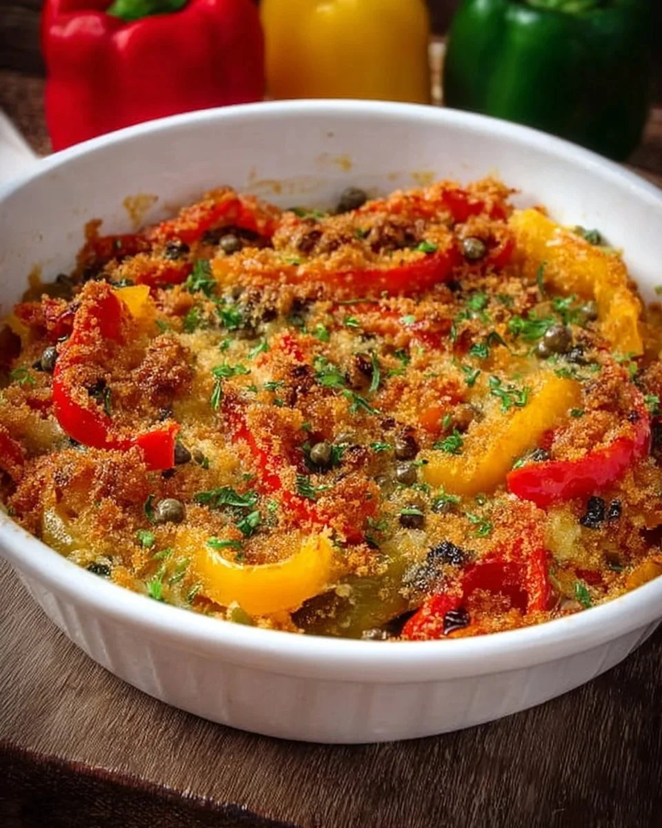 Peperoni Gratinati serviti su un piatto bianco con contorni freschi