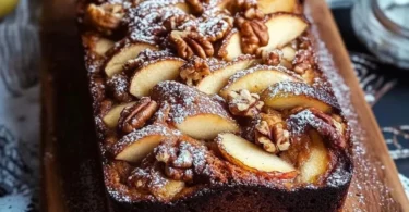 Plumcake mele, noci e cannella appena sfornato e decorato