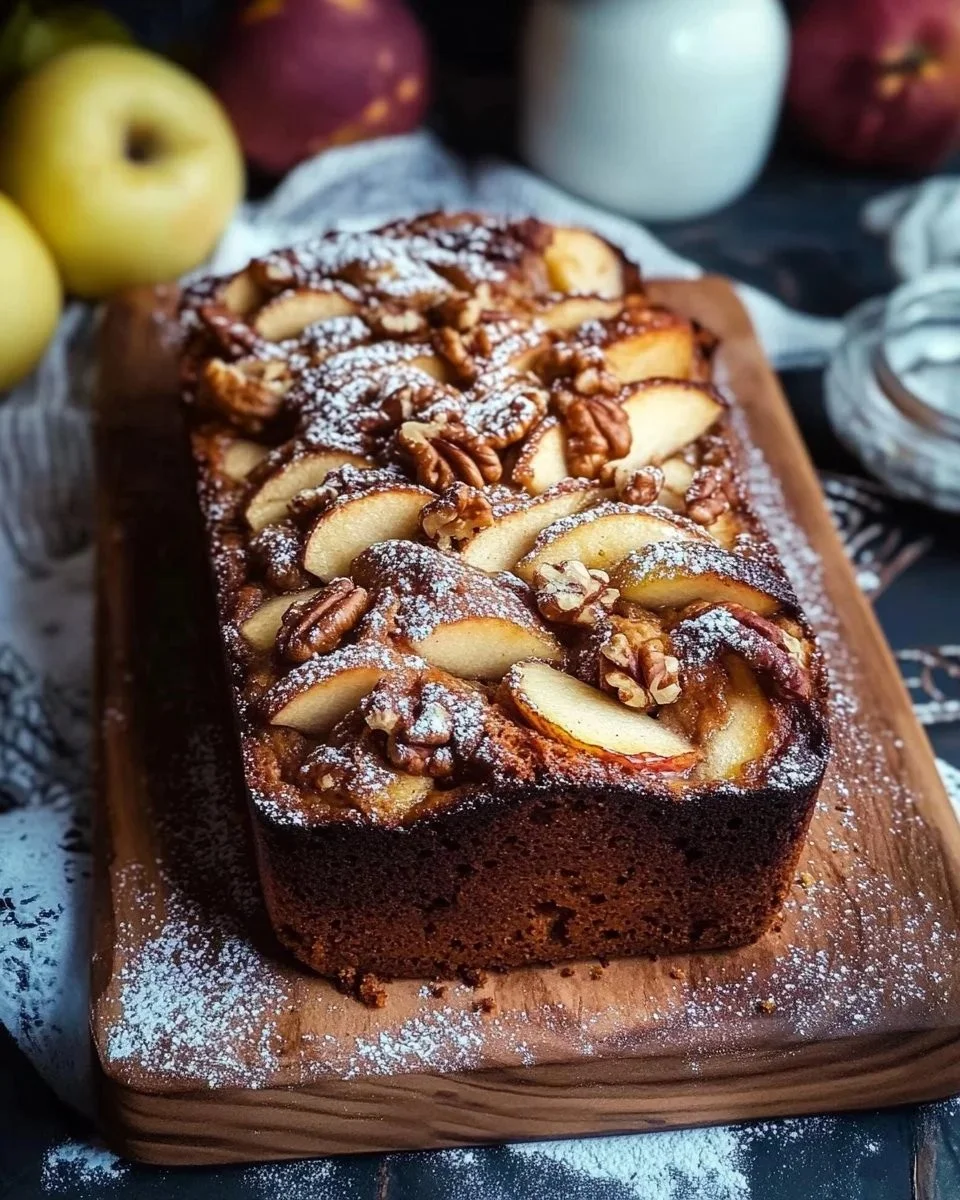 Plumcake mele, noci e cannella appena sfornato e decorato