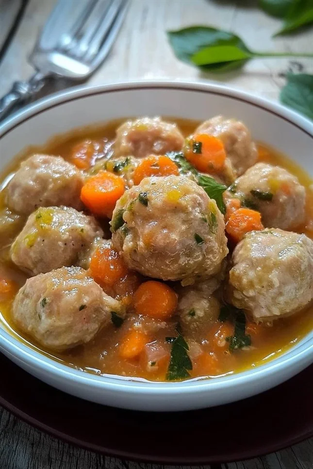 Polpette in umido con carote e piselli servite in un piatto