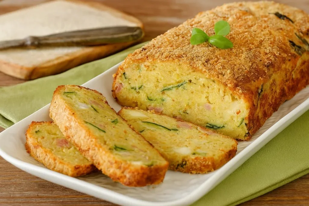 Polpettone di zucchine cotto e servito con contorni freschi