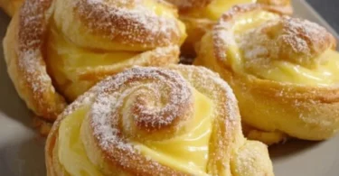 Pudding girelle decorato con cioccolato e frutta fresca