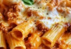 Rigatoni con besciamella, ragù bolognese e provola serviti in un piatto