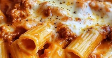 Rigatoni con besciamella, ragù bolognese e provola serviti in un piatto