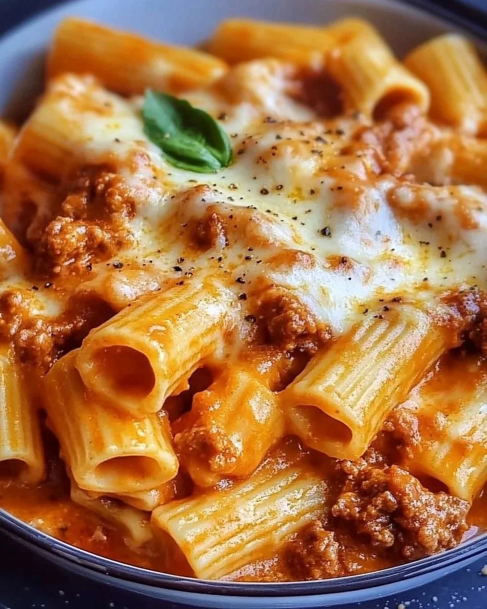 Rigatoni con besciamella, ragù bolognese e provola serviti in un piatto