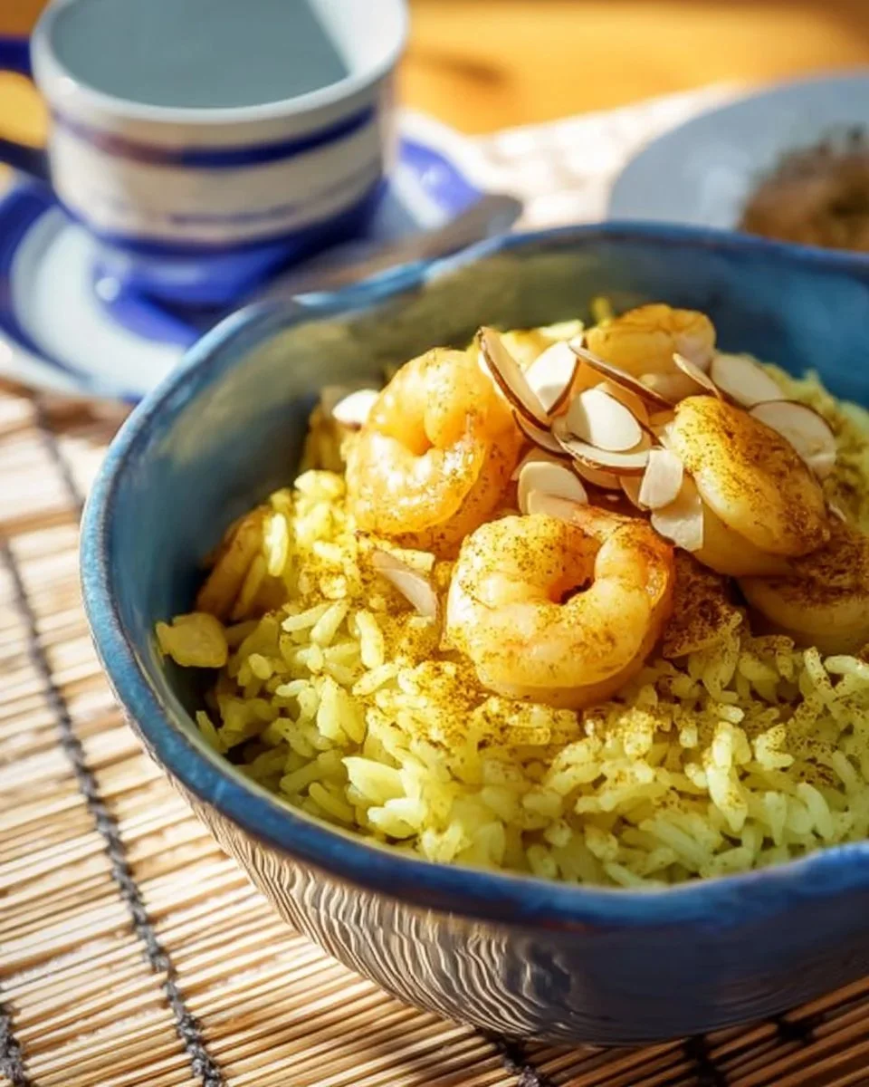 Riso al curry con latte di cocco e gamberetti, un piatto gustoso e colorato