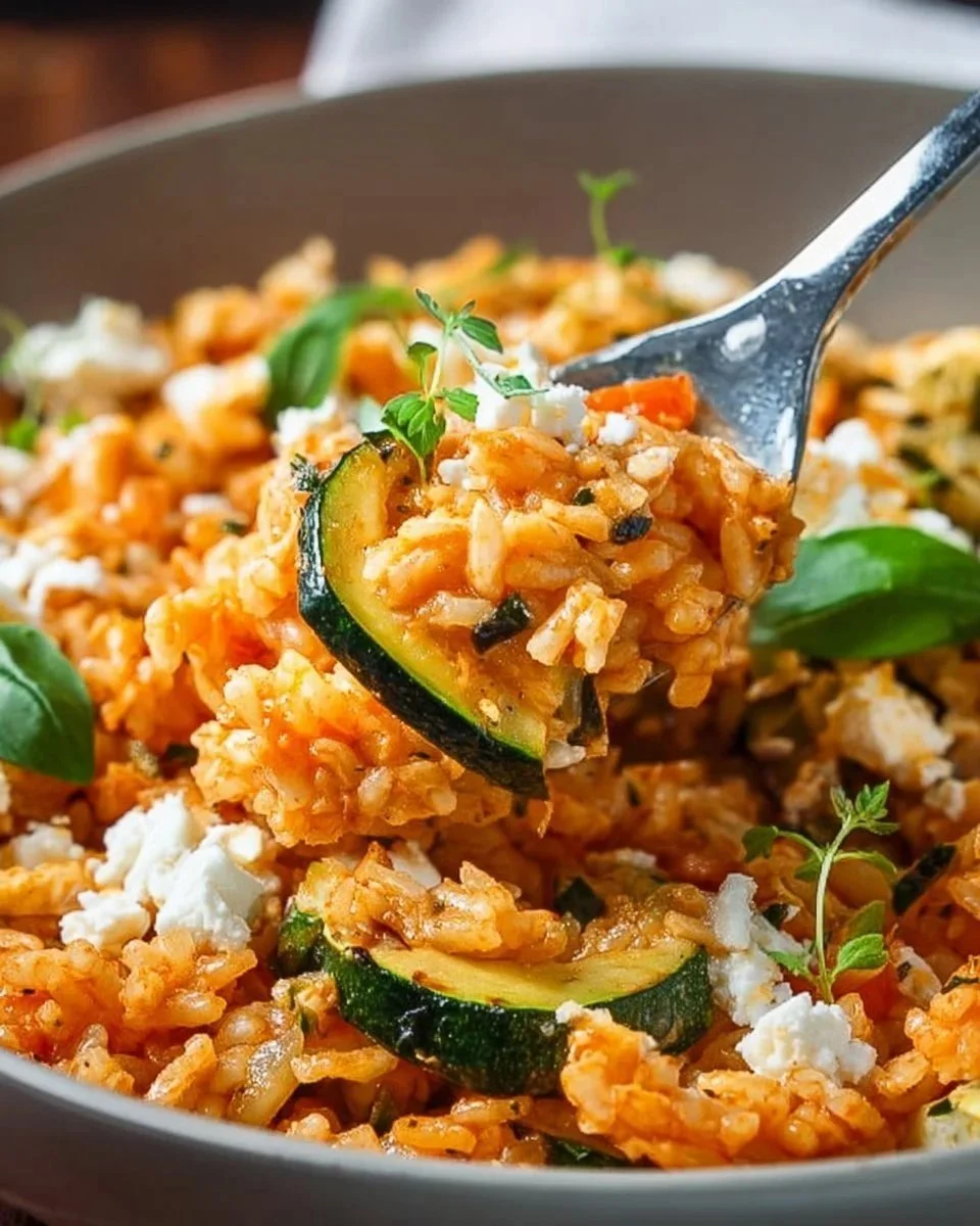 Riso con zucchine e feta, piatto fresco e delizioso