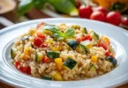 Risotto alle Verdure fresco e colorato, piatto vegetariano e cremoso.