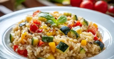 Risotto alle Verdure fresco e colorato, piatto vegetariano e cremoso.