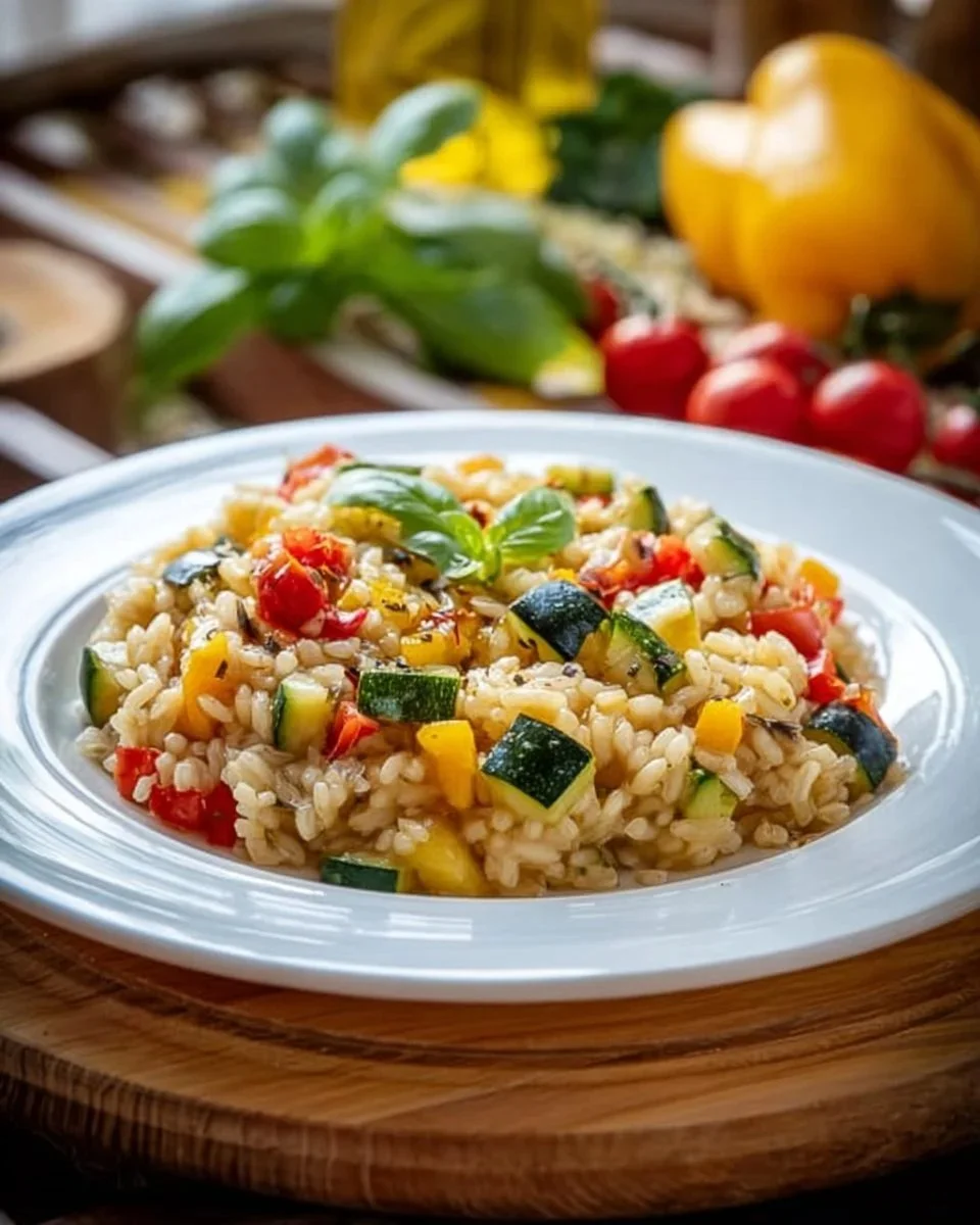 Risotto alle Verdure fresco e colorato, piatto vegetariano e cremoso.