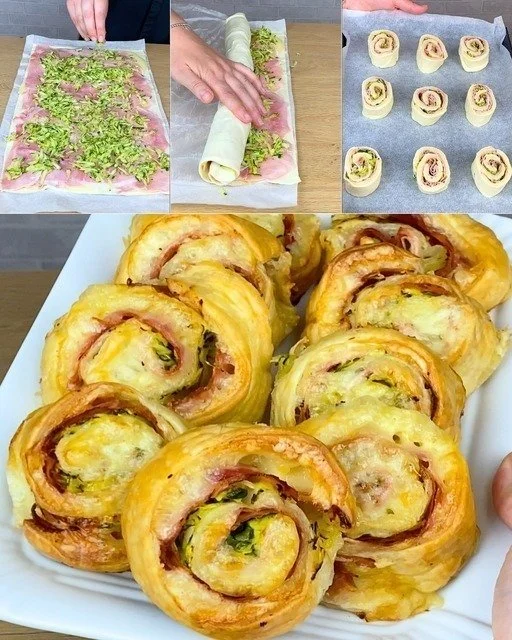 Rotolo di pasta sfoglia farcito con prosciutto e zucchine, pronto da servire.