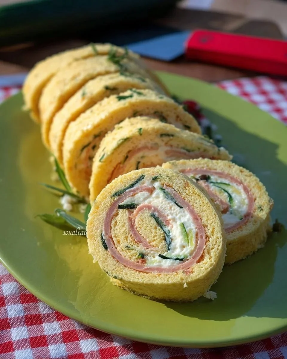 Rotolo salato al salmone con ricotta e zucchine cotto e decorato