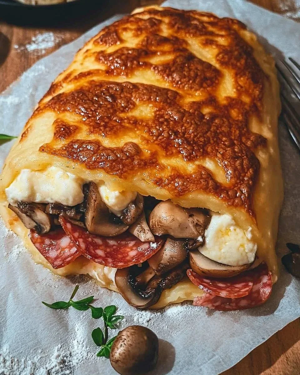 Rustico di Patate con farcitura di funghi, mozzarella e salame