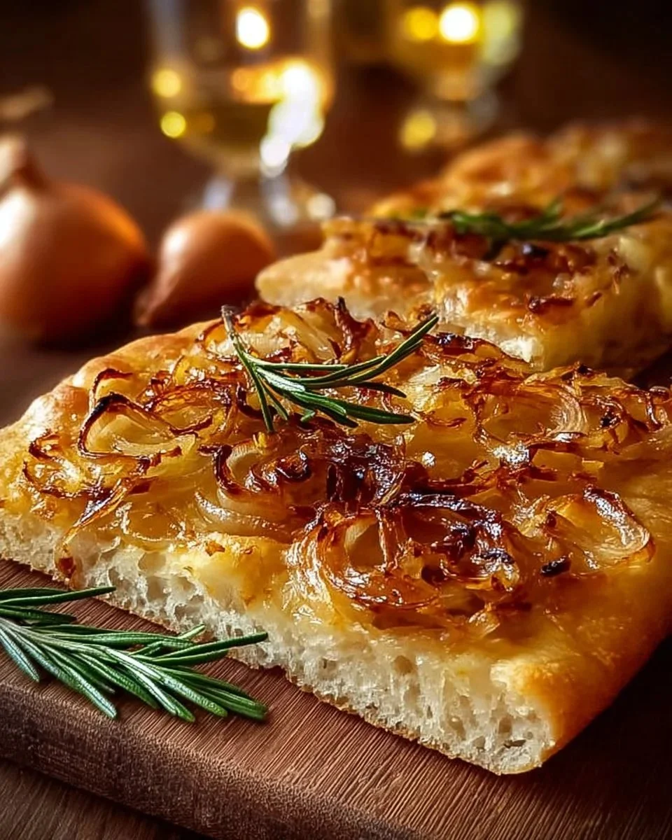 Piatto di schiacciata con cipolle appena sfornata
