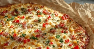 Schüttelpizza pronta da servire su un piatto, con ingredienti freschi