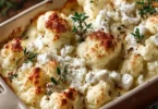 Sformato di cavolfiore con carne macinata e feta servito in una porzione