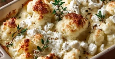 Sformato di cavolfiore con carne macinata e feta servito in una porzione