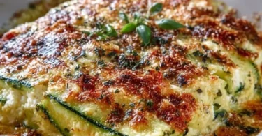 Sformato di zucchine e ricotta servito in un piatto di ceramica.