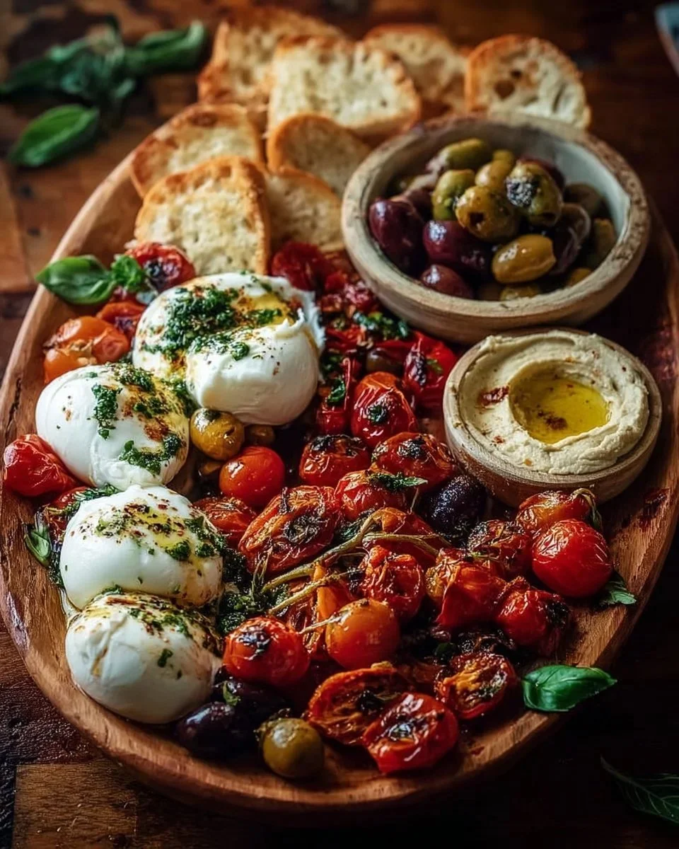 Tagliere di Burrata Mediterranea con ingredienti freschi e aromatici