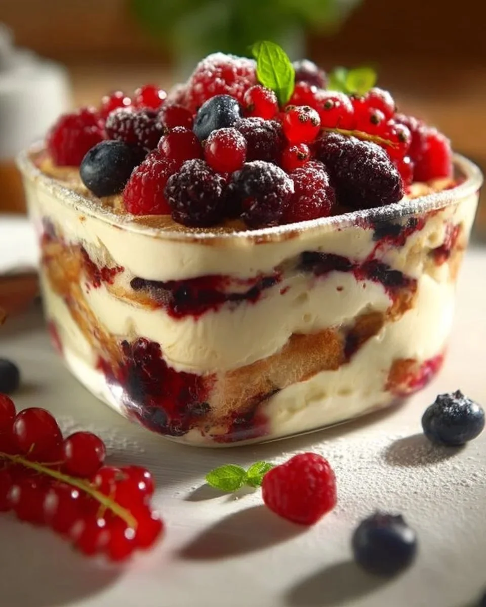 Tiramisu ai Frutti di Bosco decorato con frutti freschi e cacao