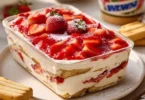 Tiramisù di Fragole Light servito in un elegante piatto, decorato con fragole fresche.