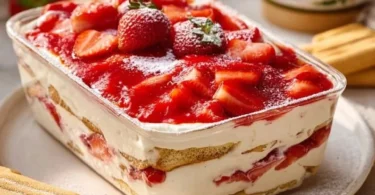 Tiramisù di Fragole Light servito in un elegante piatto, decorato con fragole fresche.