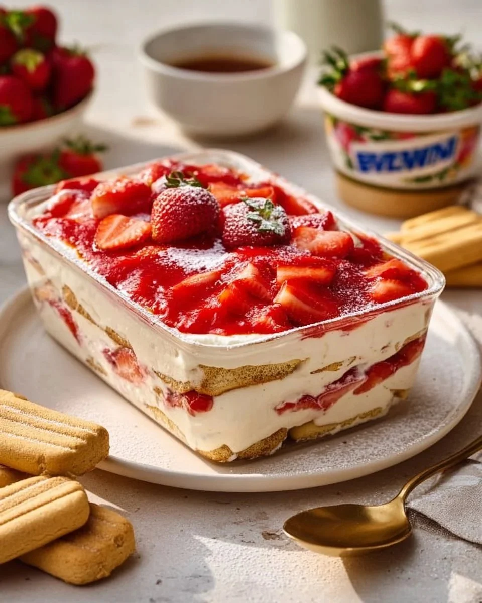Tiramisù di Fragole Light servito in un elegante piatto, decorato con fragole fresche.