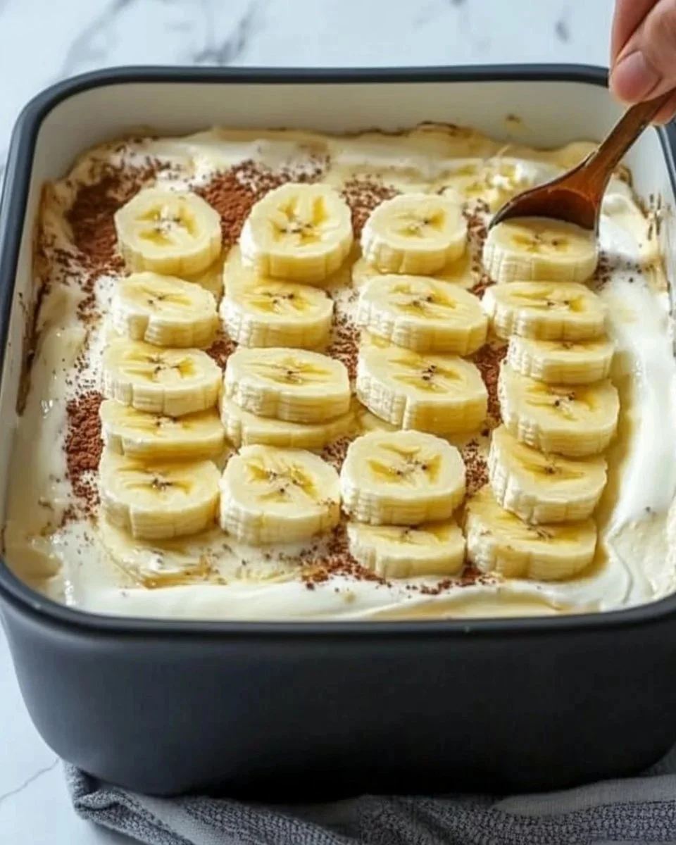 Torta di banana senza cottura decorata con fette di banana e panna