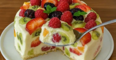 Torta di frutta senza cottura decorata con frutta fresca