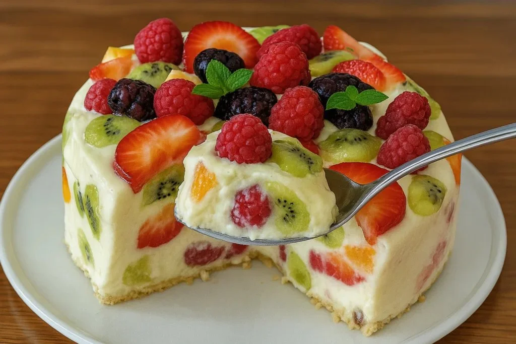 Torta di frutta senza cottura decorata con frutta fresca