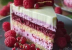 Torta Paradiso ai Lamponi guarnita con lamponi freschi e crema dolce