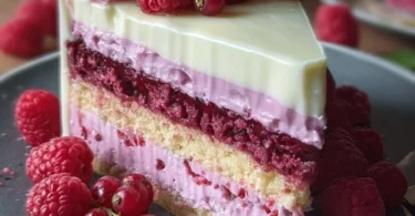 Torta Paradiso ai Lamponi guarnita con lamponi freschi e crema dolce